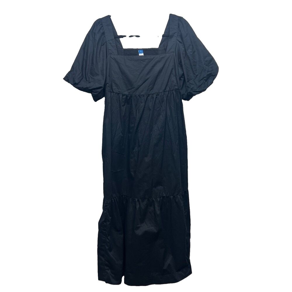 Old Navy Babydoll Maxi Dress M Medium Black Tiered Smocked Puff Sleeve Peasant